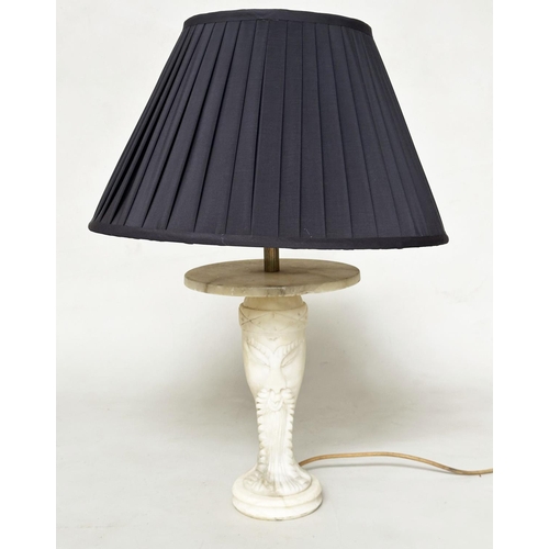 394 - TABLE LAMP, Italian carved marble figure of stylised Eastern Sage (with shade), 64cm H.