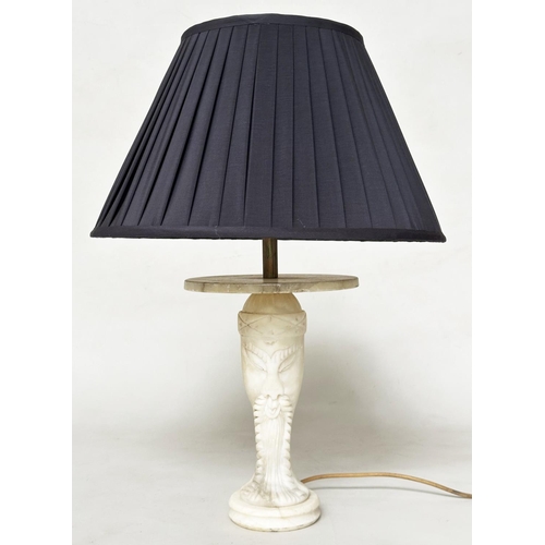 394 - TABLE LAMP, Italian carved marble figure of stylised Eastern Sage (with shade), 64cm H.