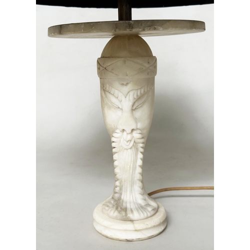 394 - TABLE LAMP, Italian carved marble figure of stylised Eastern Sage (with shade), 64cm H.