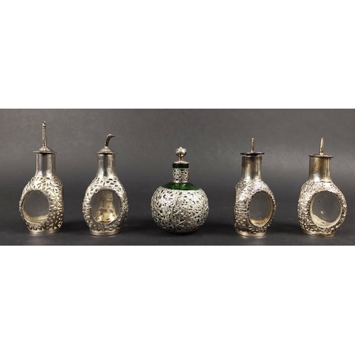 4 - CHINESE EXPORT SILVER BITTER BOTTLES, four, two marked Tack Hing sterling one with mayflower detail ... 