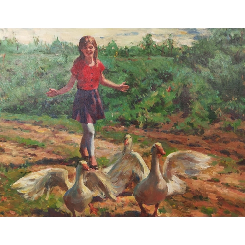 49 - OLEG LEONIDOVICH LOMAKIN (b. 1924), 'Girl and Geese', oil on canvas, 63cm x 73cm, framed.