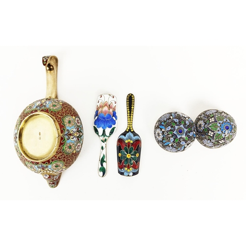 5 - RUSSIAN KOVSH, 88 silver gilt and coloured enamels HA makers mark, 120g A.88 silver gilt enamel egg ... 