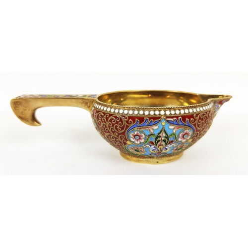 5 - RUSSIAN KOVSH, 88 silver gilt and coloured enamels HA makers mark, 120g A.88 silver gilt enamel egg ... 