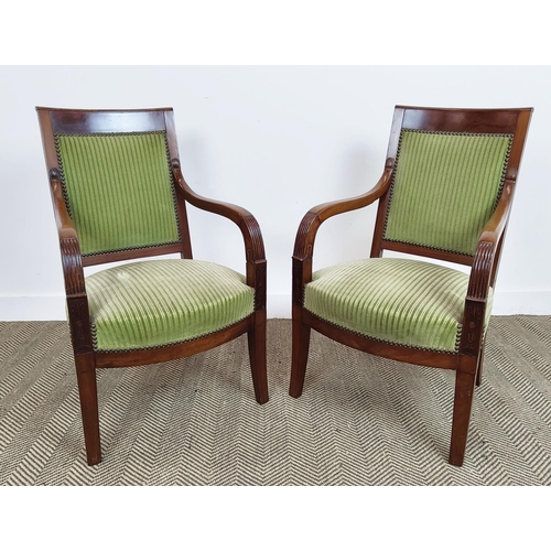 549 - FAUTEUILS, a pair, Charles X mahogany in green plush, 89cm H x 55cm W. (2)