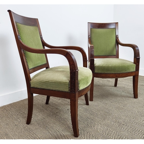 549 - FAUTEUILS, a pair, Charles X mahogany in green plush, 89cm H x 55cm W. (2)