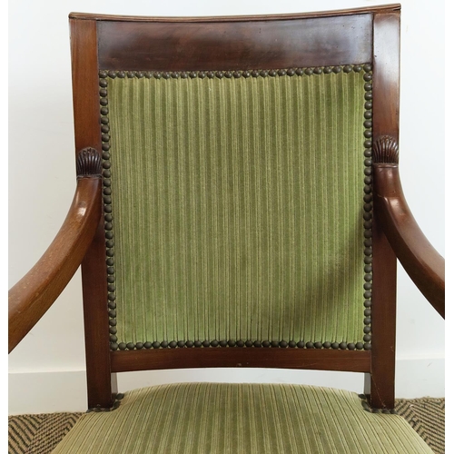 549 - FAUTEUILS, a pair, Charles X mahogany in green plush, 89cm H x 55cm W. (2)