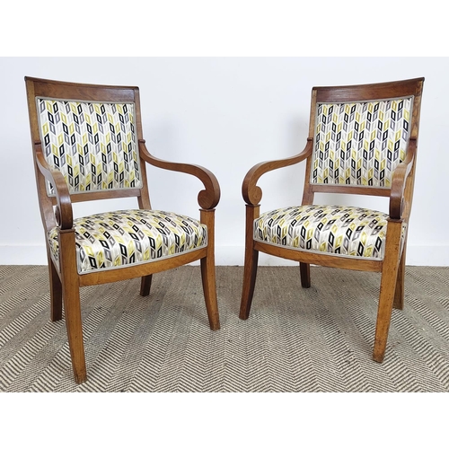 551 - FAUTEUILS, a pair, Charles X walnut in patterned upholstery, 93cm H x 56cm W. (2)