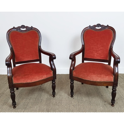 555 - FAUTEUILS, a pair, Louis Philippe mahogany in crimson plush, 96cm H x 55cm W. (2)