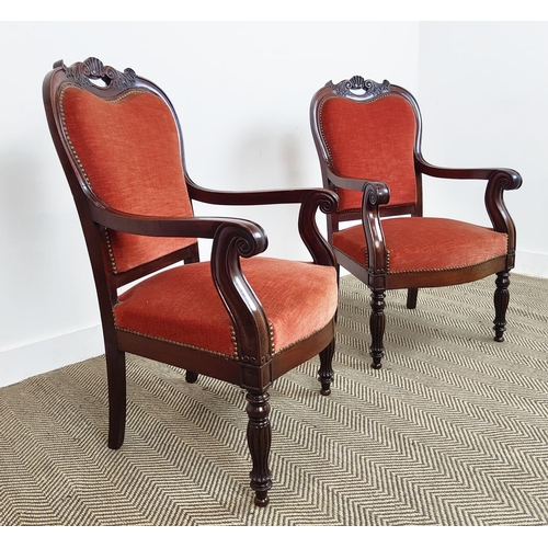 555 - FAUTEUILS, a pair, Louis Philippe mahogany in crimson plush, 96cm H x 55cm W. (2)