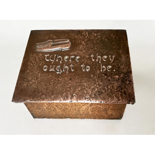 556 - SLIPPER  BOX, early 20th century Newlyn style hammered copper with sloping rising lid and baize inte... 