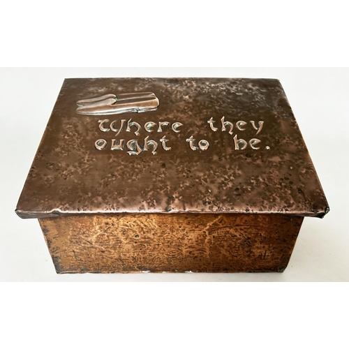 556 - SLIPPER  BOX, early 20th century Newlyn style hammered copper with sloping rising lid and baize inte... 