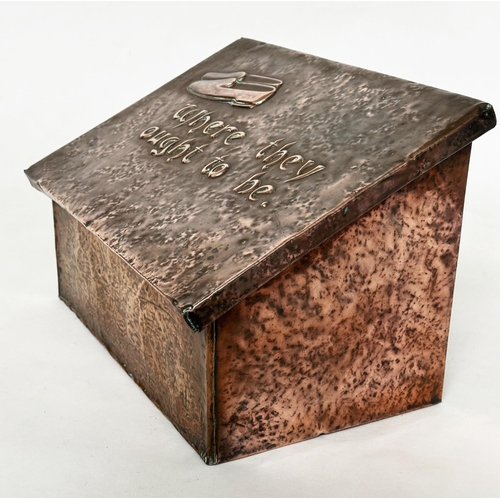 556 - SLIPPER  BOX, early 20th century Newlyn style hammered copper with sloping rising lid and baize inte... 