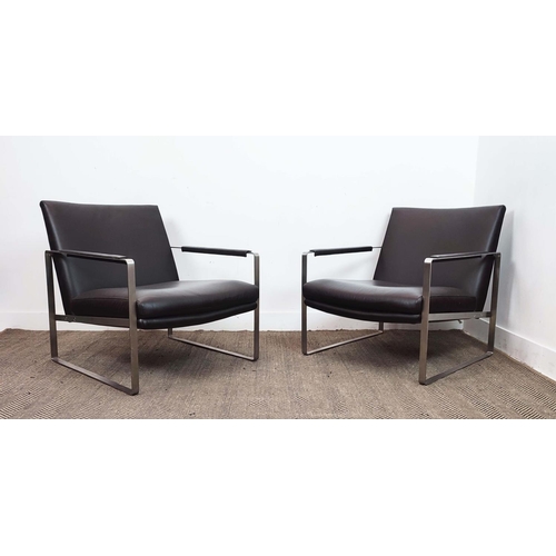 561 - CAMERICH LEMAN CHAIRS, a pair, with brown leather upholstery on metal supports, 78cm H x 70cm W x 82... 