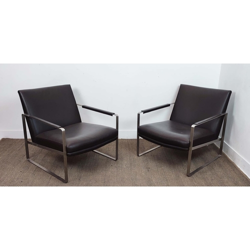 561 - CAMERICH LEMAN CHAIRS, a pair, with brown leather upholstery on metal supports, 78cm H x 70cm W x 82... 