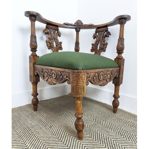 616 - CORNER CHAIR, mid 19th century Continental walnut with green fabric seat, 77cm H x 71cm W x 70cm D.