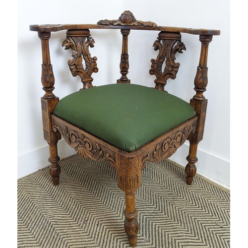 616 - CORNER CHAIR, mid 19th century Continental walnut with green fabric seat, 77cm H x 71cm W x 70cm D.