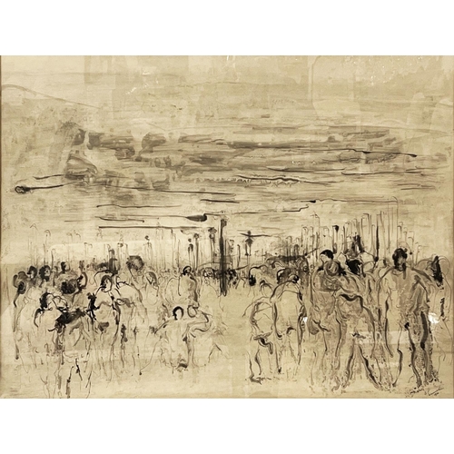 66 - GEORGE SIMUNEK (British 20th century), 'St Simeon Stylite', Indian ink, 103cm x 135cm, framed.