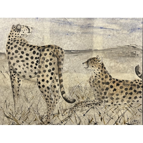 71 - CHRISTINE SEIFERT (German b.1954), 'Two Cheetahs', watercolour and ink on canvas, 101cm x 130cm, fra... 