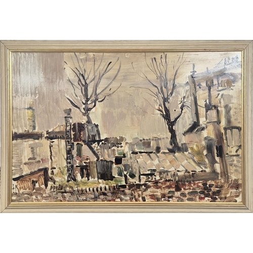 80 - MID 20TH CENTURY BRITISH SCHOOL, 'Street Scene', oil on board, indistinctly signed, 58cm x 89cm, fra... 