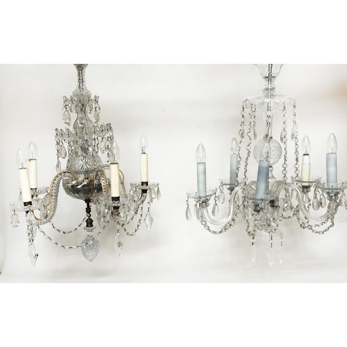 345 - CHANDELIERS, two early/mid 20th century etched and incised glass with five branch candelabra and cut... 