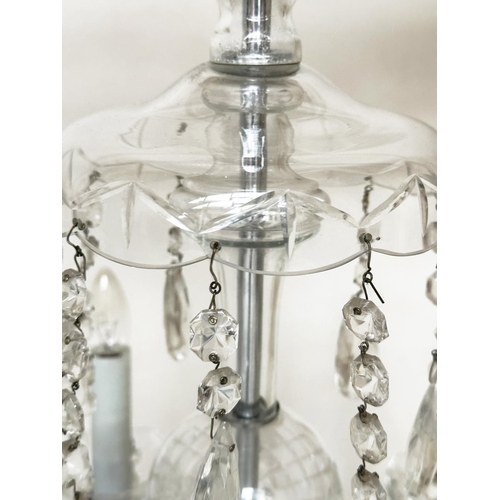 345 - CHANDELIERS, two early/mid 20th century etched and incised glass with five branch candelabra and cut... 