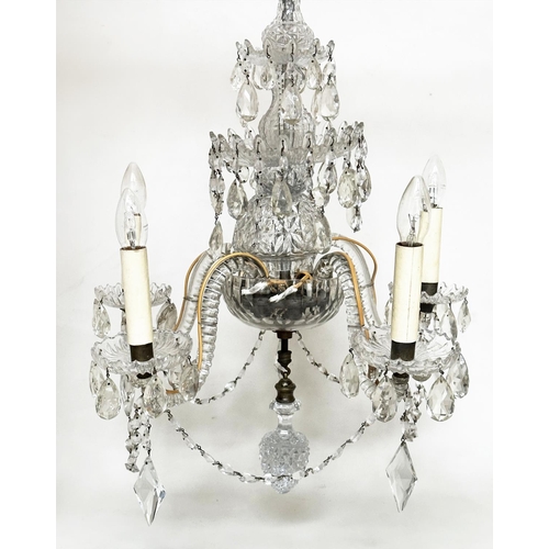 345 - CHANDELIERS, two early/mid 20th century etched and incised glass with five branch candelabra and cut... 