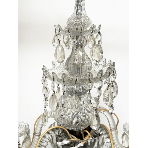 345 - CHANDELIERS, two early/mid 20th century etched and incised glass with five branch candelabra and cut... 