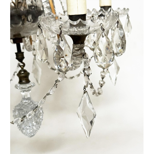 345 - CHANDELIERS, two early/mid 20th century etched and incised glass with five branch candelabra and cut... 