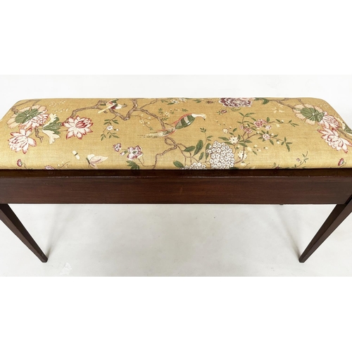 560 - DUET SEAT, early 20th century mahogany rectangular with G. P. and J Baker 'Oriental Bird' linen upho... 