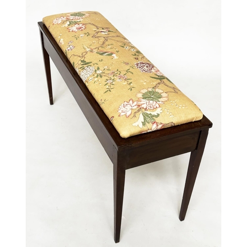 560 - DUET SEAT, early 20th century mahogany rectangular with G. P. and J Baker 'Oriental Bird' linen upho... 