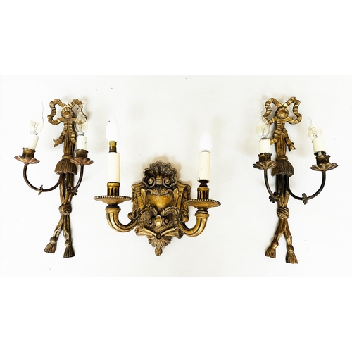 570 - WALL LIGHTS, a pair, carved giltwood each with bow crest and two branch candelabra, together with a ... 