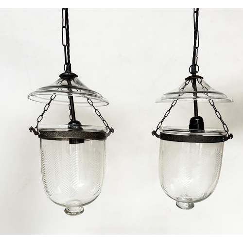 572 - BELL JAR HALL LANTERNS, a pair, fern etched bell jar glass with bronze style mounts and glass cover,... 