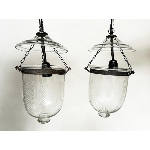 572 - BELL JAR HALL LANTERNS, a pair, fern etched bell jar glass with bronze style mounts and glass cover,... 