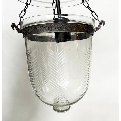 572 - BELL JAR HALL LANTERNS, a pair, fern etched bell jar glass with bronze style mounts and glass cover,... 