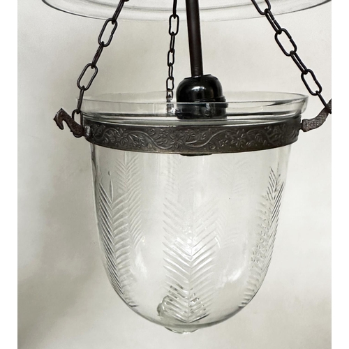 572 - BELL JAR HALL LANTERNS, a pair, fern etched bell jar glass with bronze style mounts and glass cover,... 