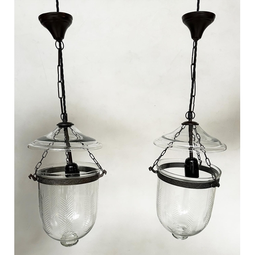 572 - BELL JAR HALL LANTERNS, a pair, fern etched bell jar glass with bronze style mounts and glass cover,... 