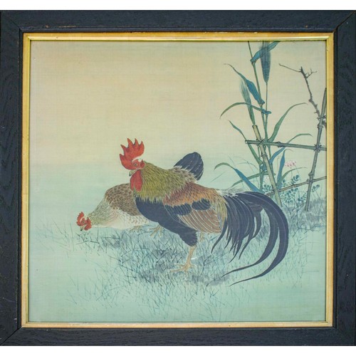 50 - 19TH CENTURY JAPANESE SCHOOL, 'Monkey' and Cockerel', Meiji period, watercolour on silk, 57cm x 57cm... 