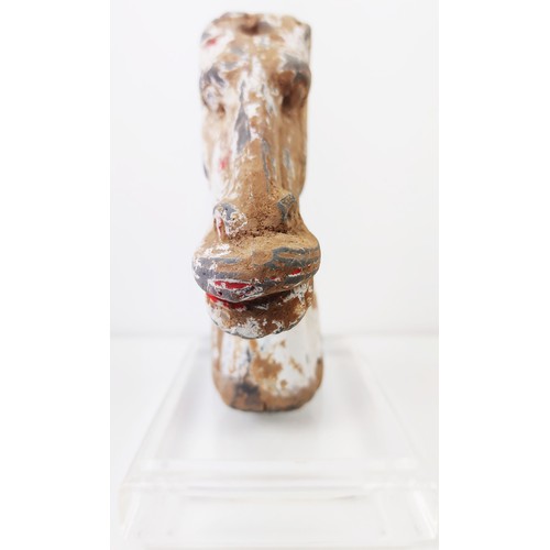 39 - HAN DYNASTY POTTERY HORSE HEAD ON PERSPEX STAND, 21cm H x 17cm.