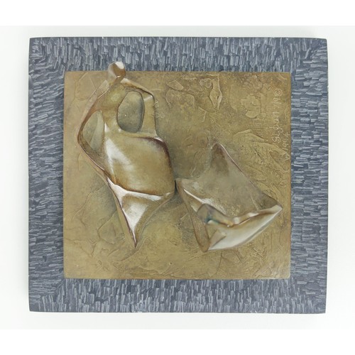 40 - MANNER OF HENRY MOORE (1898-1986), 'Two Figures', bronze on slate base, indistinctly signed and date... 