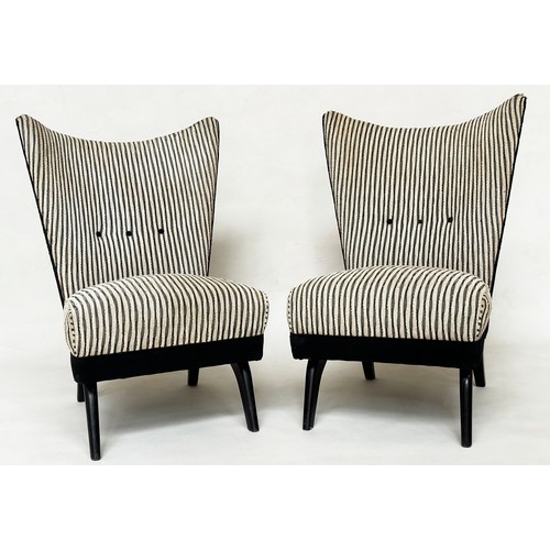 574 - HOWARD KEITH CHAIRS, a pair, mid 20th century 'Encore Wingback' chairs, with striped upholstery and ... 