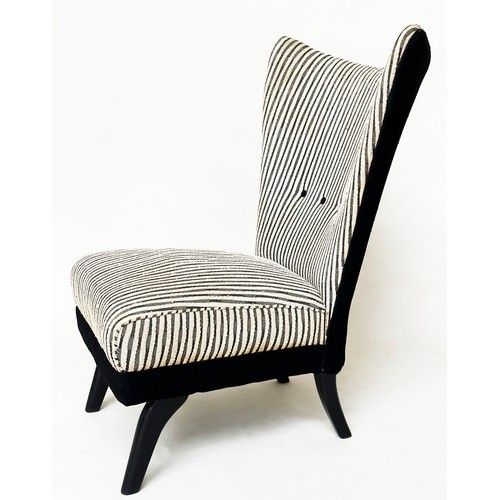 574 - HOWARD KEITH CHAIRS, a pair, mid 20th century 'Encore Wingback' chairs, with striped upholstery and ... 