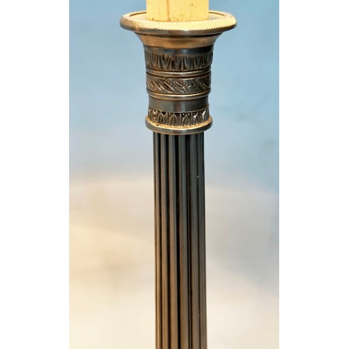 573 - TABLE LAMPS, silvered metal with reeded column together with another silvered metal and reeded colum... 