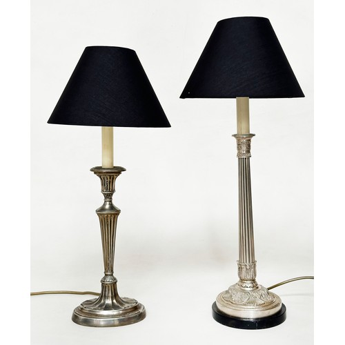 573 - TABLE LAMPS, silvered metal with reeded column together with another silvered metal and reeded colum... 