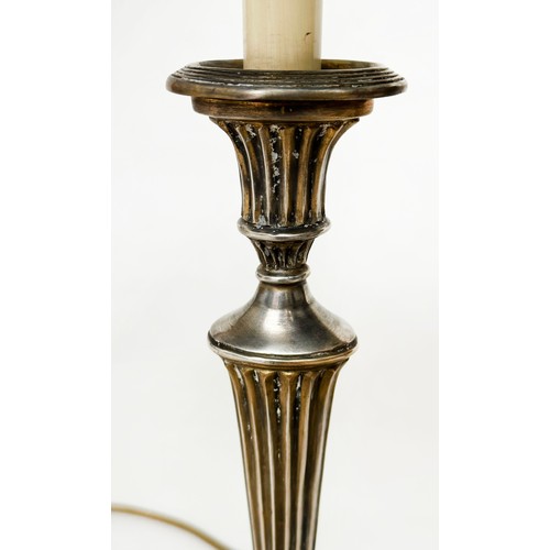 573 - TABLE LAMPS, silvered metal with reeded column together with another silvered metal and reeded colum... 