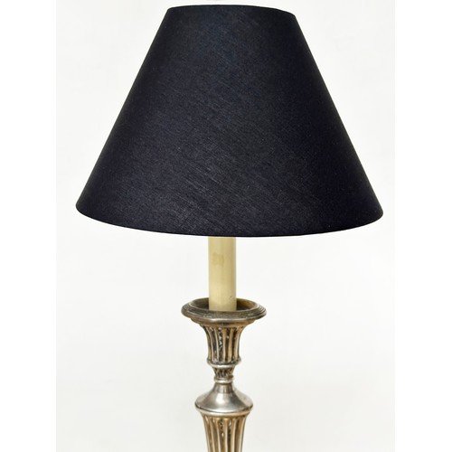 573 - TABLE LAMPS, silvered metal with reeded column together with another silvered metal and reeded colum... 