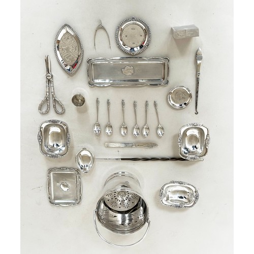 558 - SILVER AND PLATED WARES, a collection including silver trays, six apostle spoons, coin tray, pearl b... 