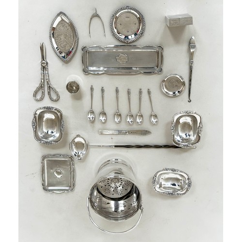 558 - SILVER AND PLATED WARES, a collection including silver trays, six apostle spoons, coin tray, pearl b... 