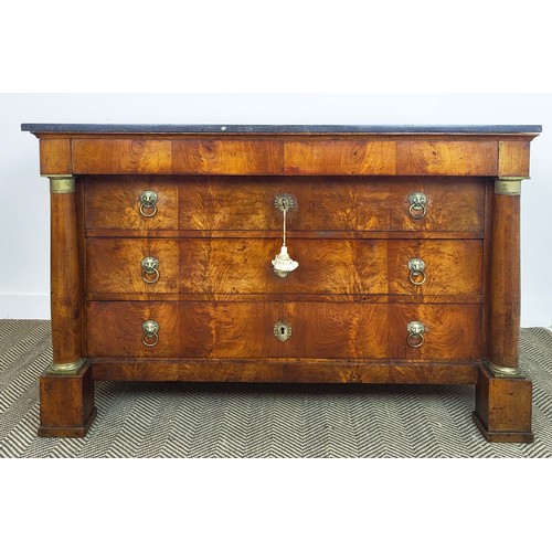 552 - COMMODE, Empire mahogany and gilt metal mounted with grey marble top, above four drawers, 91cm H x 1... 