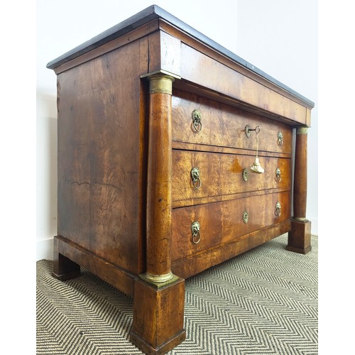 552 - COMMODE, Empire mahogany and gilt metal mounted with grey marble top, above four drawers, 91cm H x 1... 