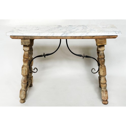 194 - SPANISH CONSOLE TABLE, vintage bleached turned trestles with wrought iron scroll supports and antiqu... 